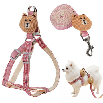 Qpets No Pull Dog Harness and Leash Set with Dual D Rings and 1.2m Tangle Free Design | Adjustable Pink Checked Pattern for Medium Dogs (M) image
