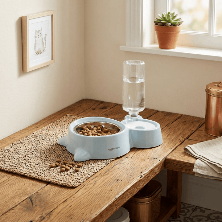 Amazon Basics 2 In1 Pet Feeder Food and Water Dispenser|Stainless Steel Bowl|Automatic Water Dispensing Mechanism|Suitable for Cats and Dogs, 32 cm, H_22 cm, W_16.5 cm, Medium