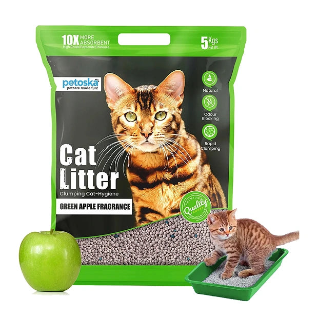 Petoska Bentonite Cat Litter Green Apple Fragrance Rapid Clumping & Odor Control-5kg