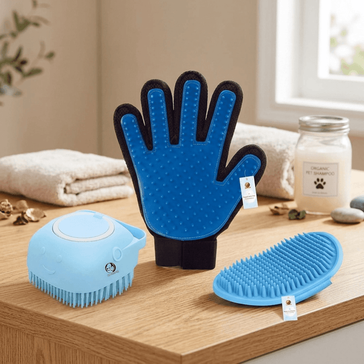 Foodie Puppies 3in1 Pet Grooming, Deshedding & Massaging Combo - (True Touch Glove+ Hand Glove + Shampoo Dispenser) for Dogs Cats and Other Small Animals, Cleaning Remove Hair and Bath