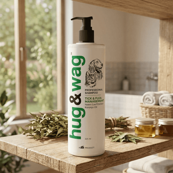Hug & Wag Tick & Flea Dog & Cat Shampoo | Neem, Tulsi & Karanja | Power of Natural Repellent for Ticks, Fleas & Lice in Dogs & Cats | Soothes & Heals Irritated Skin | 225ml | Pack of 1