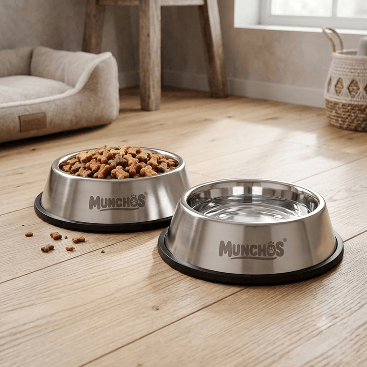 MUNCHOS Dog & Cat Bowls Stainless Steel, Pack of 2, Anti-Skid Feeding Bowls for Food & Water, Heavy Duty Metal Pet Bowl, Rust Proof, Dishwasher Safe for Puppies & Cats