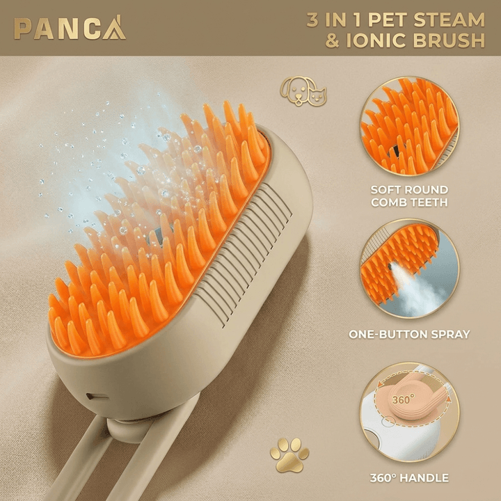 PANCA 4-in-1 Steam Brush for Dogs & Cats | Pet Grooming Brush with Deshedding Comb, Bath Spray & Massage | Hair Remover Tool for Long Hair Pets & Short (Orange Steam Brush)