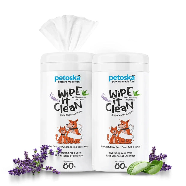 Petoska Pet Wipes with Aloe Vera & Lavender for Paws, Bath, & Ear Hygiene, 80N Wipes (Pack of 2)