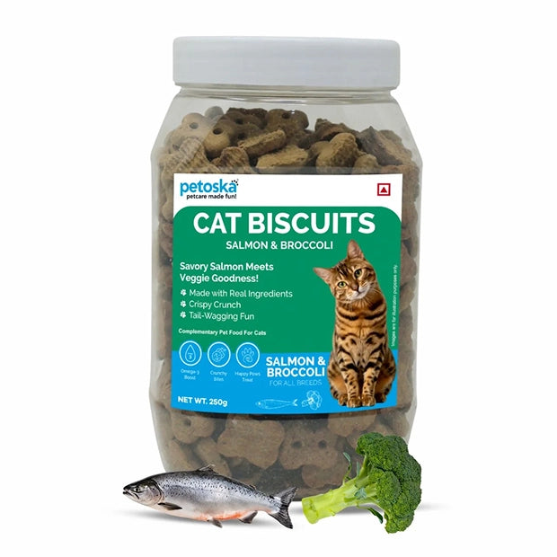 Petoska Crunchy Cat Biscuit Salmon & Broccoli, 250 gms