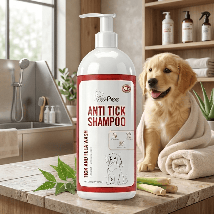 PupPee Neem Anti Tick & Flea Shampoo for Dogs & Puppies 500ml | Anti Tick & Flea, Anti-Fungal, Antibacterial & pH Balanced Dog Shampoo | Tear-Free Coat Cleanser with Lemongrass for Soft Shiny Fur
