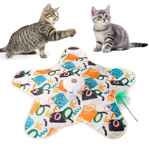 Qpets Automatic Cat Toy with Hideaway Plush Cave, Motorized Rotating Feather & Butterfly Teaser - Interactive Cat Enrichment for Indoor Cats, Cozy Flower Mat, Pom-Pom Tails