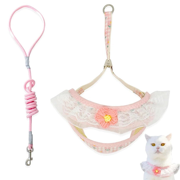 Qpets Cat Harness with Leash for Walking featuring Adjustable Strap and D-ring | Pink Flower Design for Small Cats 1.5–3.5 kg