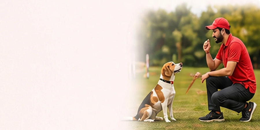 Man in red shirt and cap training a dog outdoors on a grassy field.