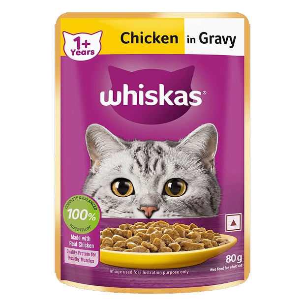 WHISKAS Wet Cat Food for Adult Cats (1+Years), Chicken in Gravy Flavour, 12 Pouches (12 x 80g)