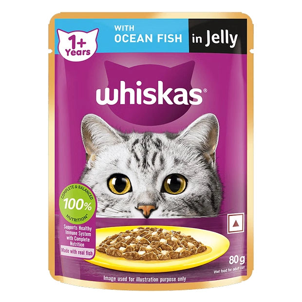 WHISKAS Wet Cat Food for Adult Cats (1+Years), Ocean Fish, 12 Pouches (12 x 80g)