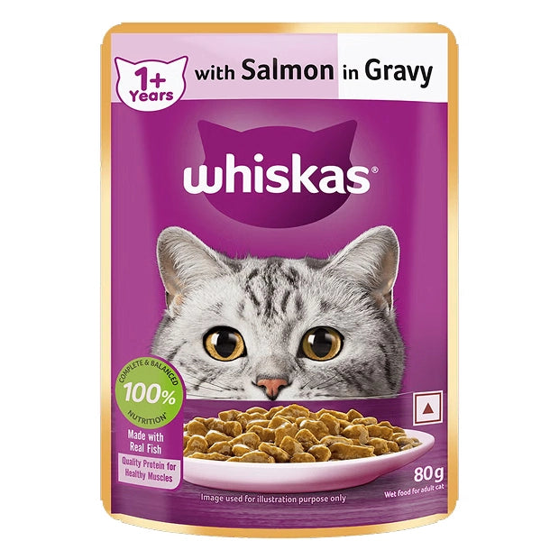 WHISKAS Wet Food for Adult Cats (1+Years), Salmon in Gravy Flavour, 12 Pouches (12 x 80g)